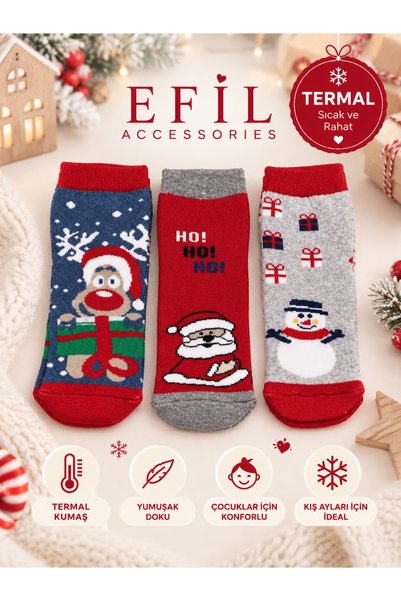 EFİLACCESSORİES Christmas Themed 3-Piece Girls'/Boys' Towel Socks