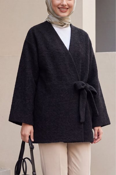 Modamorfo Yandan Bağlamalı Sakallı Kimono -siyah