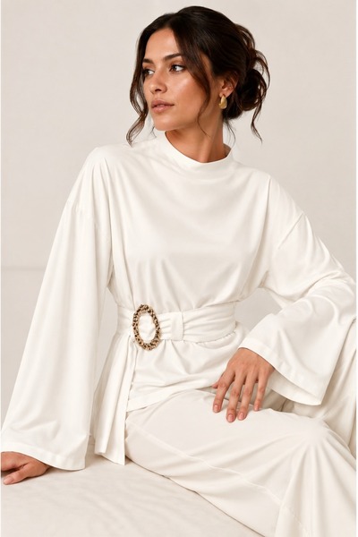 uyguntarz Weiße, drapierte Damenbluse aus Modal mit Gürtel – Stilvolle Bluse ...