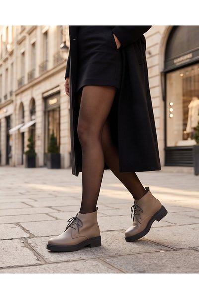 futsi shoes ASPEN Vizon Hakiki Floter Deri Bağcıklı Kısa Günlük Kadın Bot