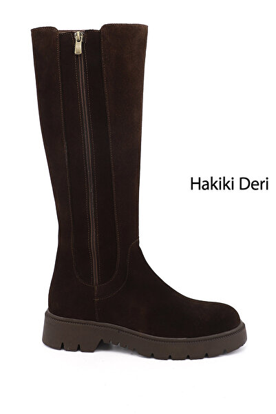 GÖNDERİ(R) Kadın Kahve Süet Fermuarlı Kauçuk Taban Hakiki Deri Çizme