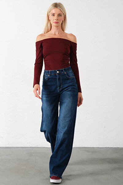 Maule üksek Bel, Esnek Denim Kumaş Geniş Paça Palazzo Kadın Kot Jean Pantolon...