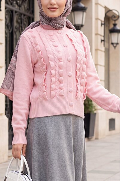 Modamorfo Hair Braided Ruffled Buttoned Knitwear Cardigan -Pink