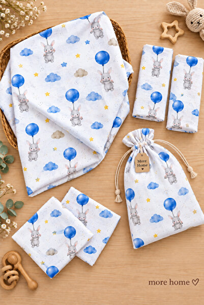 MORE HOME Muslin Cloth Blanket Set 6 Pieces Blue Balloon Rabbit