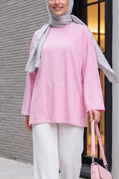 Modamorfo Round Neck Casual Combed Cotton Tunic - Pink