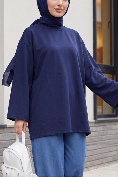 Modamorfo Round Neck Casual Combed Cotton Tunic - Dark Navy Blue