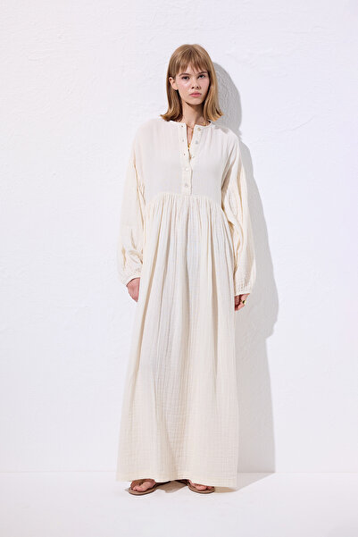 Manuka Muslin Buttoned Casual Dress Beige