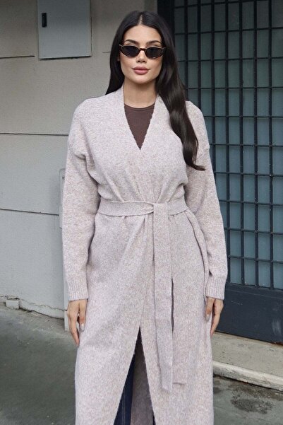 KECHİ WOMAN Knitwear Belted Long Cardigan Beige