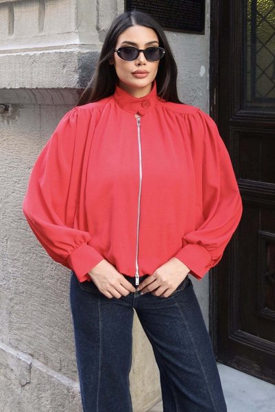 KECHİ WOMAN Linda Twill Fabric Double Zipper Lined Jacket Red