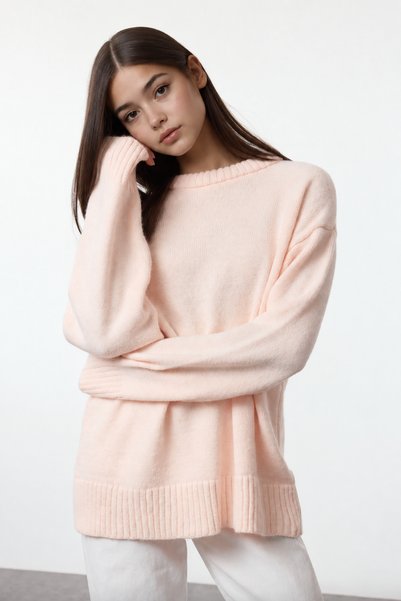 Genel Markalar Kadın Pembe Bisiklet Yaka Oversize Basic Triko Kazak