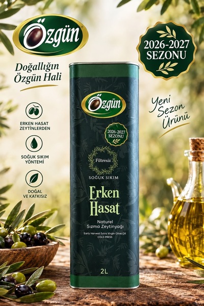 ÖZGÜN ZEYTİN & ZEYTİNYAĞI Erken Hasat Sızma Zeytinyağı 2 Lt Teneke (2025 HASATI)