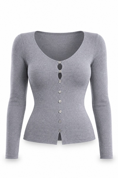 5in1Canpolat Gray Ornamental Buttoned V-Neck Knitwear 6603