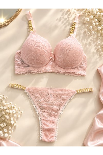 RUYAZ Padded Support Bra Set – Lace Push up Women's Underwear Powder Pink