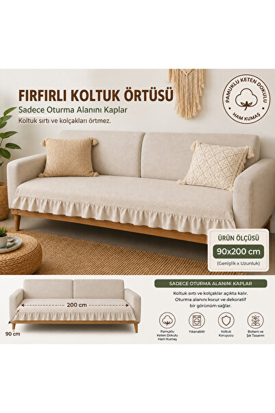 LIENS HOME Fırfırlı Koltuk Örtüsü Ham Pamuk Kumaş Keten Dokulu Bohem Koltuk Şalı