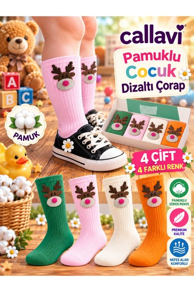 CALLAVI Knee-High Girls' Socks with Deer Accessories, 4 Pairs in a Box