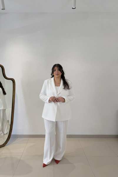 CHUL Büyük Beden Kadın Oversize Astarlı Blazer Ceket Takım - Beyaz