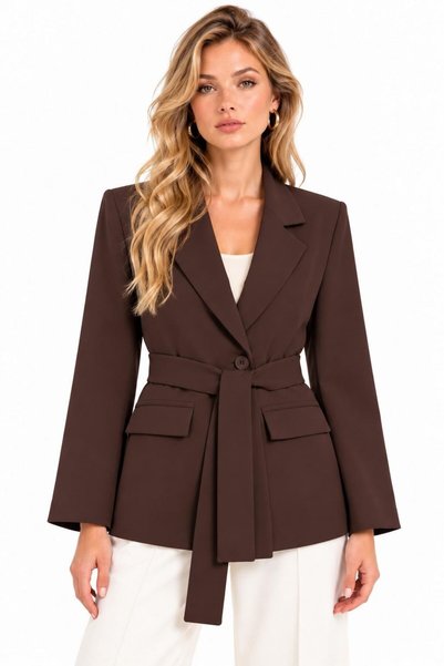 Saade Acı Kahverengi Kadın Tek Düğmeli Dokuma Kruvaze Blazer Ceket - Kuşaklı