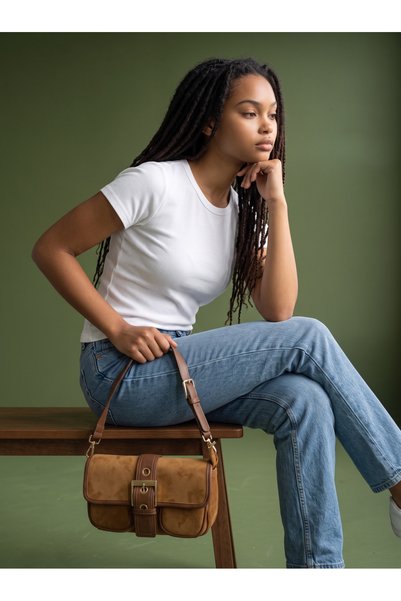 archangel Women's Suede Baguette Shoulder Bag with Belt Buckle
