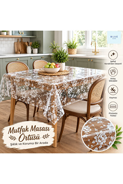 Blue Home Transparent Patterned Tablecloth, Thin Transparent Protective Cover...