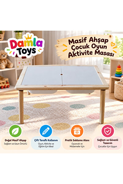Damla Toys Masif Ahşap Çocuk Oyun Aktivite Masası + 2 Beyaz Dar Kova Hediyeli