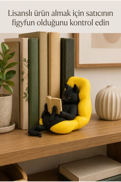 Figyfun Lisanslı Siyah Kedi Figürlü Dekoratif Kitap Okuyan Kedi Biblosu Masaü...