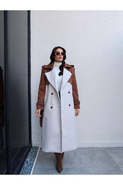 ESRAHELVACI Suede Detail Belted Herringbone Coat