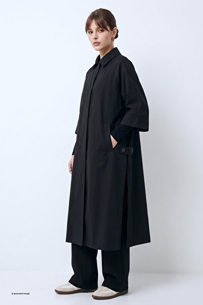 InStyle Poncho-Modell, halbärmeliger, gefütterter schwarzer Trenchcoat