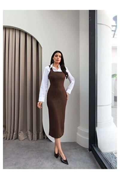 ESRAHELVACI Rochie din piele intoarsa cu guler patrat si bretele groase