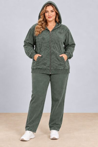 CEDY DENIM Hanorac cu glugă cu fermoar și broderie pentru femei și set de pan...