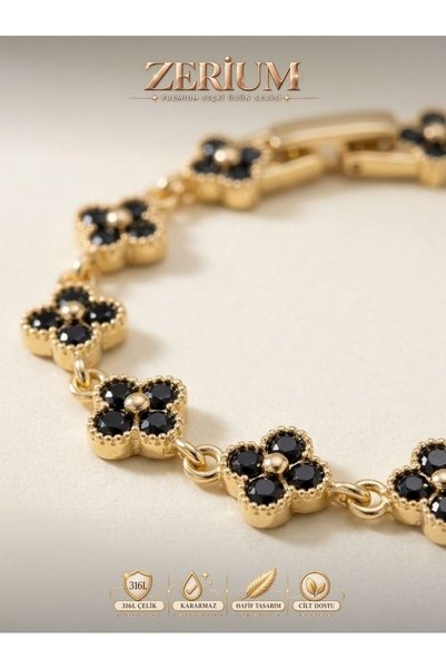 ZERİUM 316L Steel Women's Bracelet with Clover Figure and Black Zircon Stone