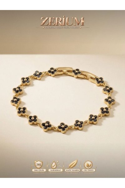ZERİUM 316L Steel Women's Bracelet with Clover Figure and Black Zircon Stone