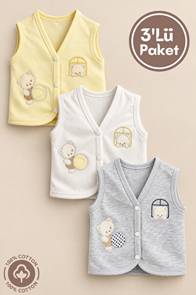 Miniel Unisex Bebek Toplu Ayıcık Nakışlı Organik Pamuklu 3-6-9 Ay 3Lü Penye B...