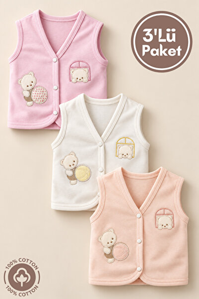 Miniel Unisex Bebek Toplu Ayıcık Nakışlı Organik Pamuklu 3-6-9 Ay 3Lü Penye B...