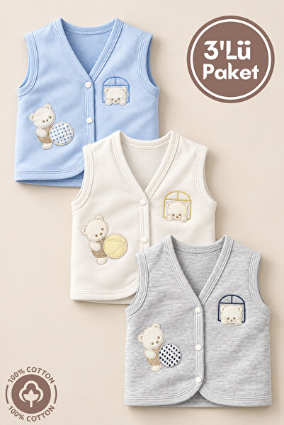 Miniel Unisex Bebek Toplu Ayıcık Nakışlı Organik Pamuklu 3-6-9 Ay 3Lü Penye B...