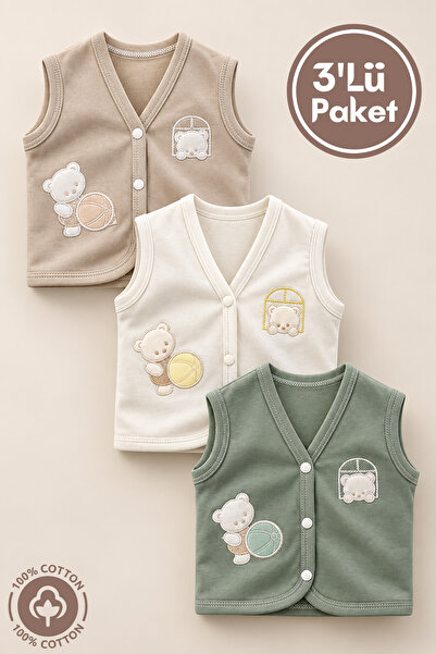 Miniel Unisex Bebek Toplu Ayıcık Nakışlı Organik Pamuklu 3-6-9 Ay 3Lü Penye B...