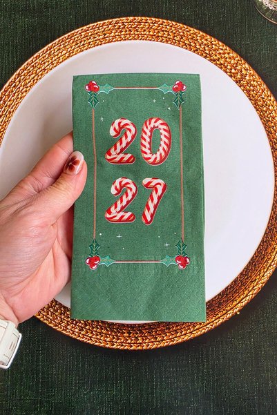 PEKSHOP Candy Cane 2026 Baskılı Yeşil Yılbaşı Peçetesi - Yeşil Peçete 12li Paket