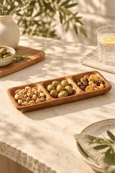 Atbyhome 3 Bölmeli Akasya Çerezlik ve Sunum Tabağı 25x10 cm | Dikdörtgen Mezelik Sosluk Kahvaltılık Tabak 25x10x2.54 cm