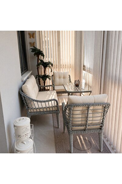 Tu Tienda MİNİMAL BALKONLAR ÖZEL KAŞ GALVANİZ 2+1+1+SEHPA BAHÇE BALKON MOBİLYASI,GRİ RATTAN/KREM KUMAŞ