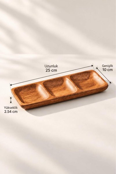 Atbyhome 3 Bölmeli Akasya Çerezlik ve Sunum Tabağı 25x10 cm | Dikdörtgen Mezelik Sosluk Kahvaltılık Tabak 25x10x2.54 cm