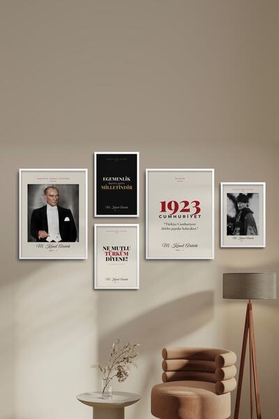 HOMEPACK Set de 5 tablouri înrămate cu portretul și citatele lui Atatürk, dec...