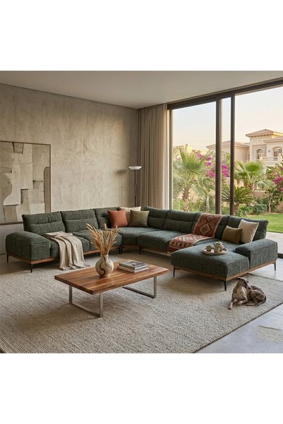 homejoyz L-Shaped Corner Sofa Chanel and Suede Wood - Green - Enila - 350X300X180X90X90 cm