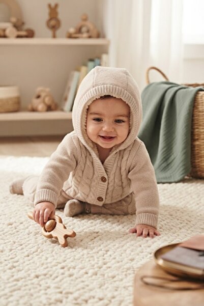 Huglette Knitwear Knitted Welsoft Lined Hooded Winter Baby Girl and Boy Jumpsuit