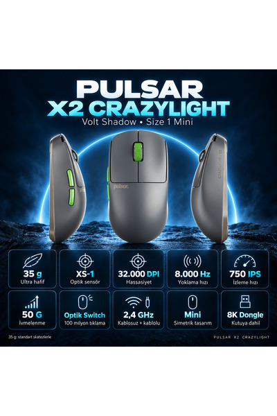 Pulsar X2 CrazyLight 8K Hz XS-1 Sensör Volt Shadow Kablosuz Size 1 Mini Simetrik Mouse (PX2CL104)