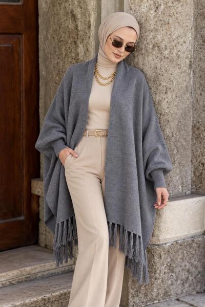 AFVENTE Liva Women's Tasseled Oversize Knitwear Poncho Gray