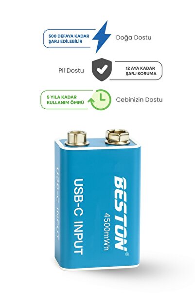 Beston 9V 1000mAh Type-C USB Şarj Edilebilir Li-Ion Kare Pil ve Şarj Kablosu