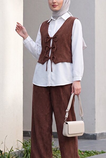 Modamorfo Set de pantaloni și vestă din catifea cu legături în față - tip țiglă