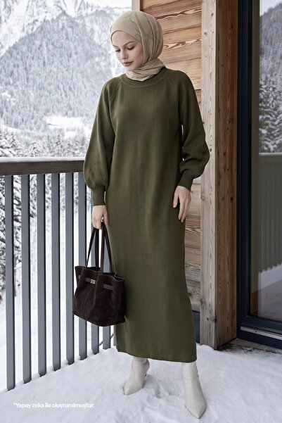 InStyle Mina Strickkleid mit Ballonärmeln – Khaki
