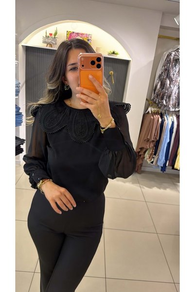 HandeButik Kadın Fisto Yaka Şifon Kol Bluz