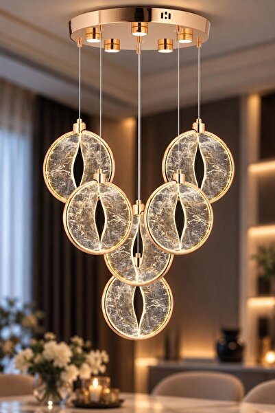 İstanbul Avize Asya 6'lı Gold Kumandalı 3 Renk Ledli Modern Lüx Led Avize