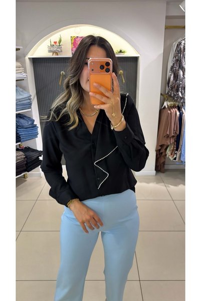 HandeButik Kadın Önü Drape / Volan ve İnci İşlemeli Şık Gömlek